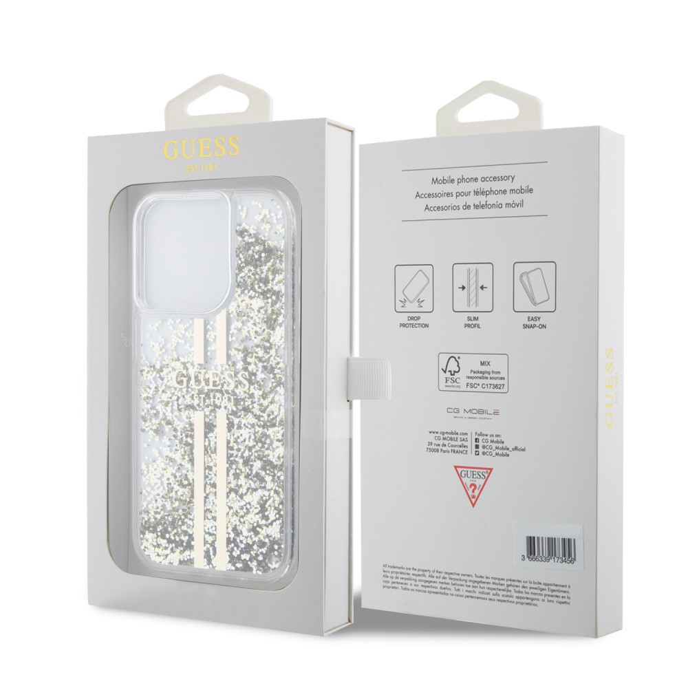 Coque iPhone 15 Pro - Guess gel rigide paillettes liquides or et argent avec logo doré - Transparent