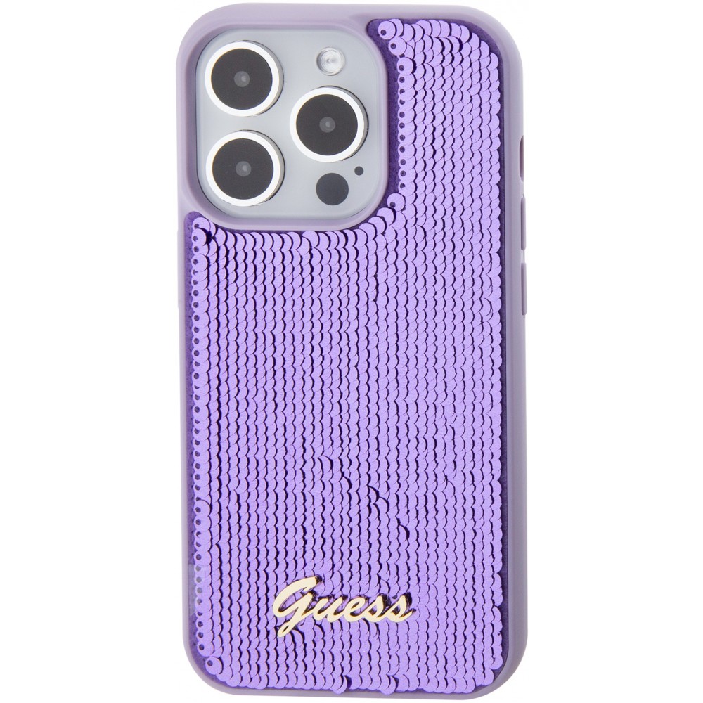 Coque iPhone 15 Pro Max - Guess paillettes réversibles anti-stress avec logo métallique doré - Violet