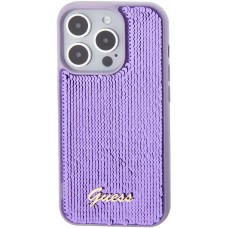 Coque iPhone 15 Pro Max - Guess paillettes réversibles anti-stress avec logo métallique doré - Violet