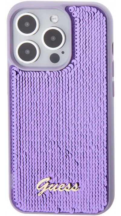 Coque iPhone 15 Pro Max - Guess paillettes réversibles anti-stress avec logo métallique doré - Violet