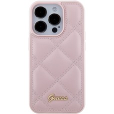 Coque iPhone 15 Pro Max - Guess similicuir molletonné en carreaux et logo doré métallique en relief - Rose clair