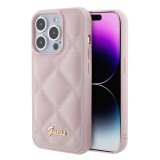 Coque iPhone 15 Pro Max - Guess similicuir molletonné en carreaux et logo doré métallique en relief - Rose clair