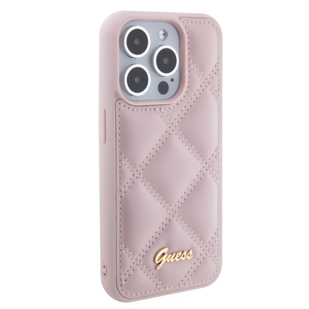 Coque iPhone 15 Pro Max - Guess similicuir molletonné en carreaux et logo doré métallique en relief - Rose clair