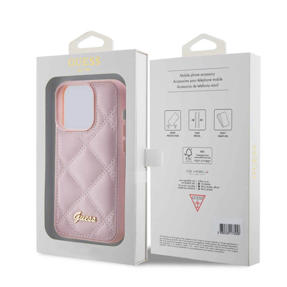 Coque iPhone 15 Pro Max - Guess similicuir molletonné en carreaux et logo doré métallique en relief - Rose clair