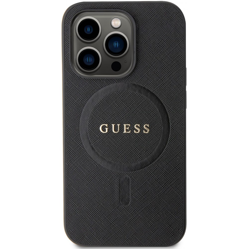 Coque iPhone 15 Pro - Guess similicuir saffiano logo métallique doré et MagSafe - Noir