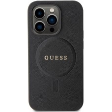 Coque iPhone 15 Pro - Guess similicuir saffiano logo métallique doré et MagSafe - Noir