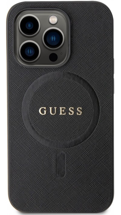 Coque iPhone 15 Pro - Guess similicuir saffiano logo métallique doré et MagSafe - Noir