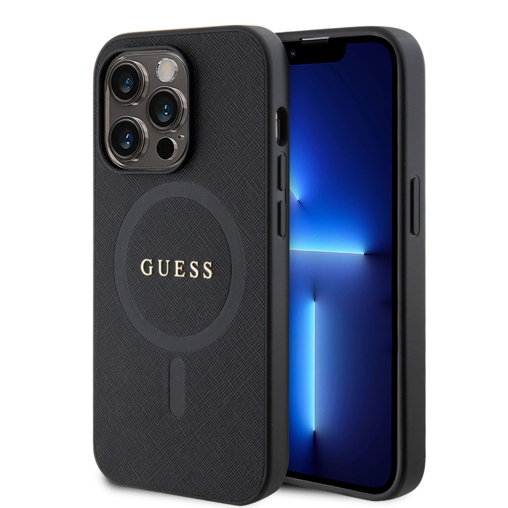 Coque iPhone 15 Pro - Guess similicuir saffiano logo métallique doré et MagSafe - Noir