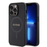 Coque iPhone 15 Pro - Guess similicuir saffiano logo métallique doré et MagSafe - Noir