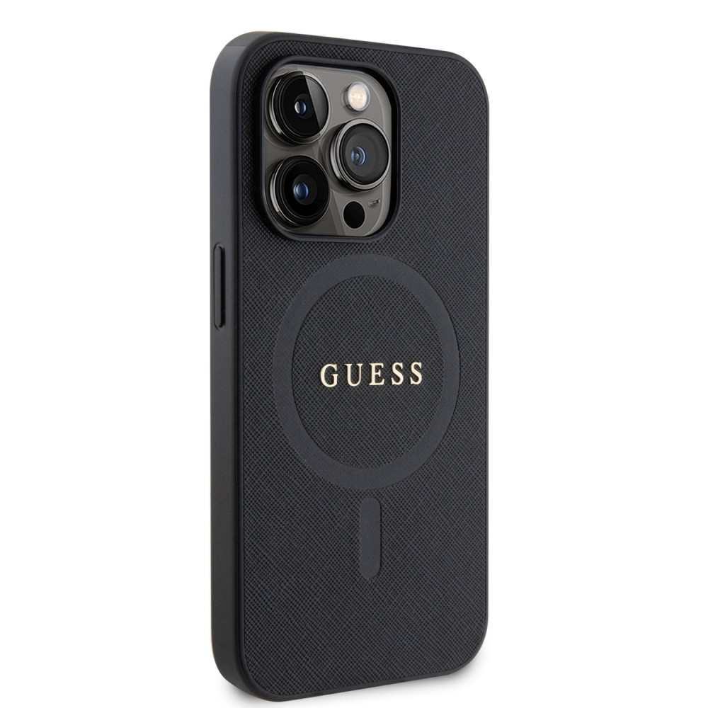 Coque iPhone 15 Pro - Guess similicuir saffiano logo métallique doré et MagSafe - Noir