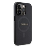 Coque iPhone 15 Pro - Guess similicuir saffiano logo métallique doré et MagSafe - Noir