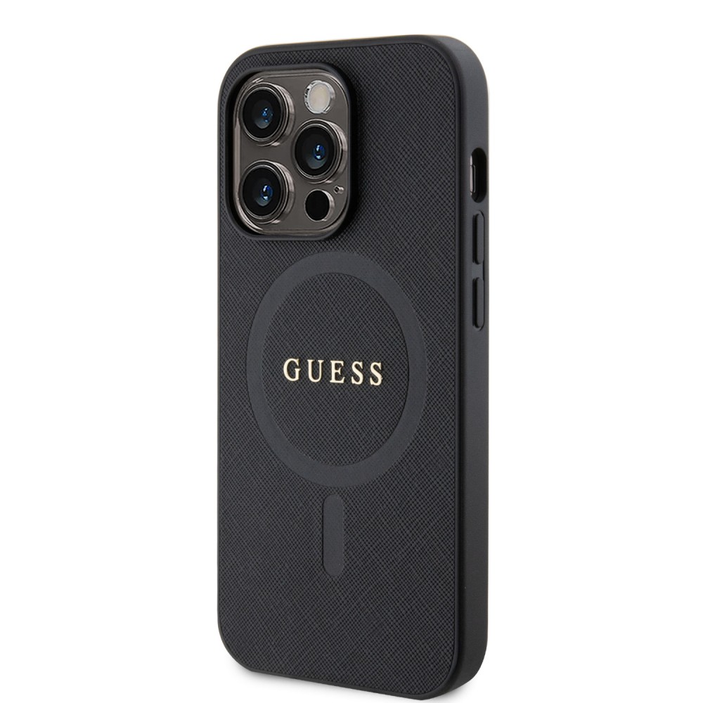 Coque iPhone 15 Pro - Guess similicuir saffiano logo métallique doré et MagSafe - Noir