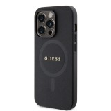 Coque iPhone 15 Pro - Guess similicuir saffiano logo métallique doré et MagSafe - Noir