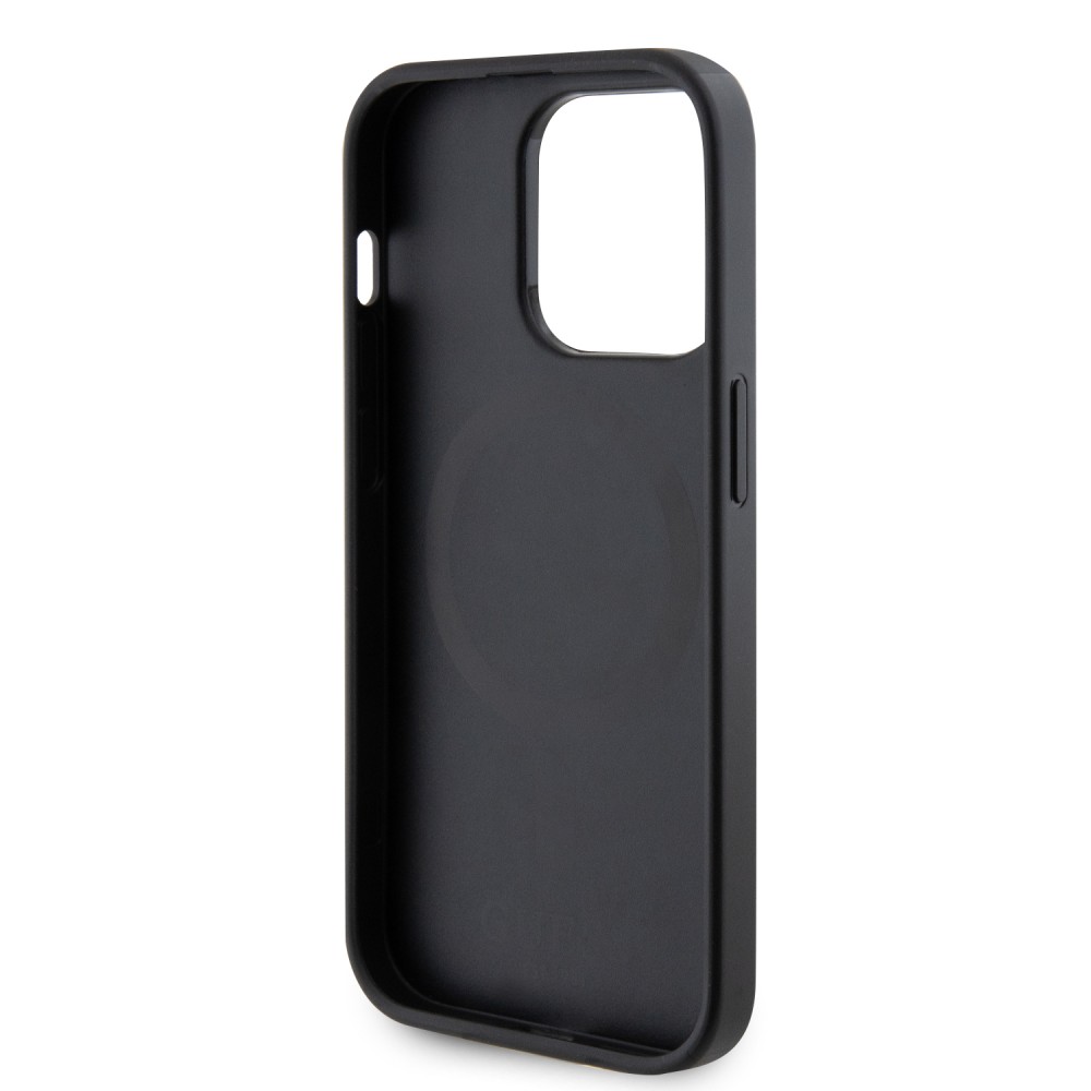 Coque iPhone 15 Pro - Guess similicuir saffiano logo métallique doré et MagSafe - Noir