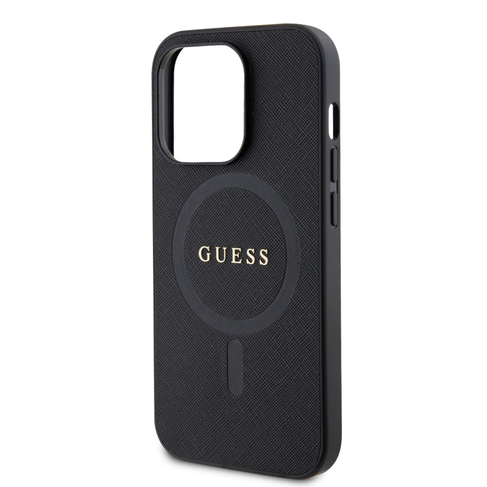 Coque iPhone 15 Pro - Guess similicuir saffiano logo métallique doré et MagSafe - Noir