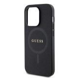 Coque iPhone 15 Pro - Guess similicuir saffiano logo métallique doré et MagSafe - Noir