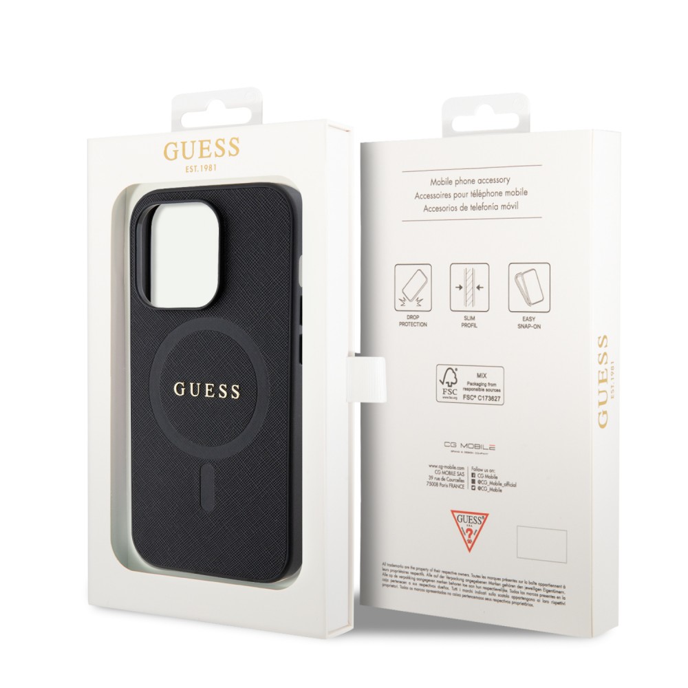 Coque iPhone 15 Pro - Guess similicuir saffiano logo métallique doré et MagSafe - Noir