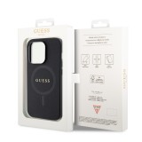 Coque iPhone 15 Pro - Guess similicuir saffiano logo métallique doré et MagSafe - Noir