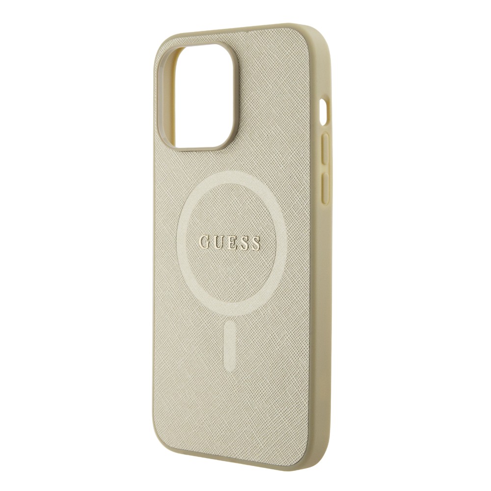 iPhone 15 Pro Case Hülle - Guess Kunstleder Saffiano Gold Metall-Logo und MagSafe - Gold