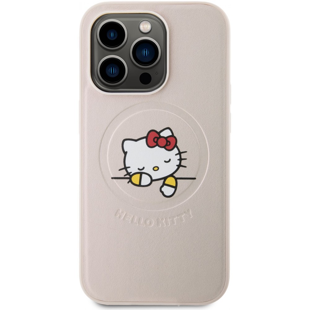 Coque iPhone 15 Pro Max - Hello Kitty rêveur en similicuir avec MagSafe - Rose clair
