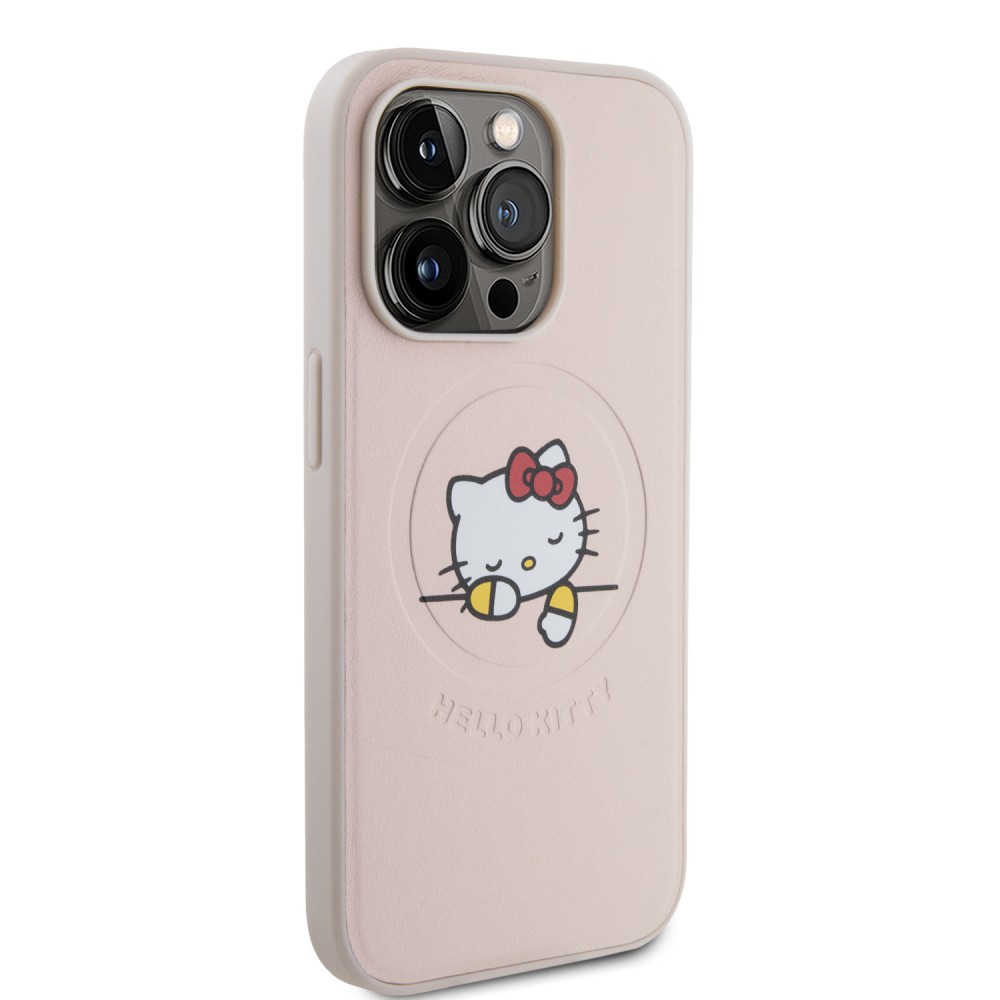 Coque iPhone 15 Pro Max - Hello Kitty rêveur en similicuir avec MagSafe - Rose clair