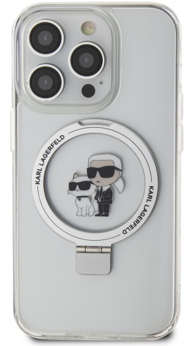 Coque iPhone 14 Pro Max - Karl Lagerfeld et Choupette gel laqué avec anneau métallique de support amovible intégré et Magsafe - Transparent
