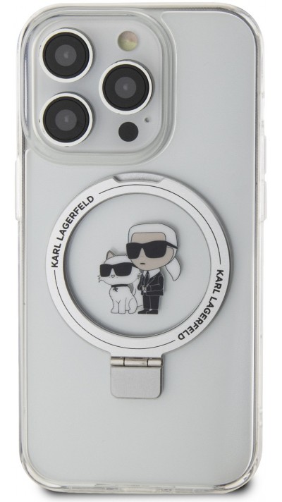 iPhone 15 Pro Max Case Hülle - Karl Lagerfeld und Choupette Gel lackiert mit integriertem, abnehmbarem Metallstützring und Magsafe - Transparent