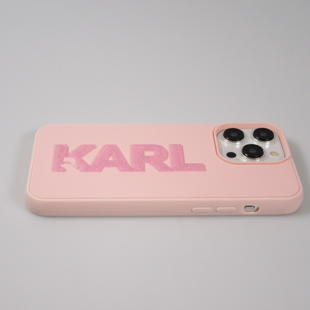 iPhone 15 Pro Max Case Hülle - Karl Lagerfeld mattes Silikon mit glitzerndem 3D-Logo - Rosa