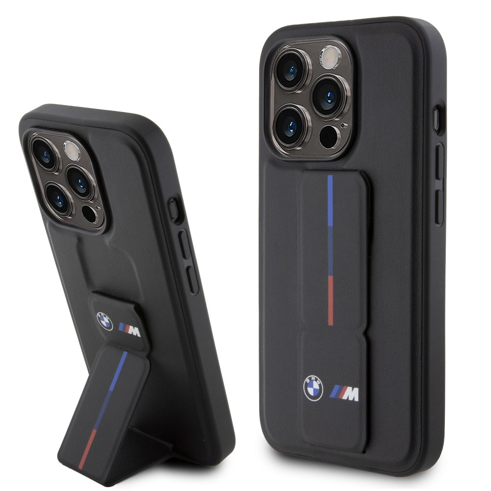 iPhone 15 Pro Case Hülle - BMW M Kunstleder mit integrierter verstellbarer Stütze - Schwarz