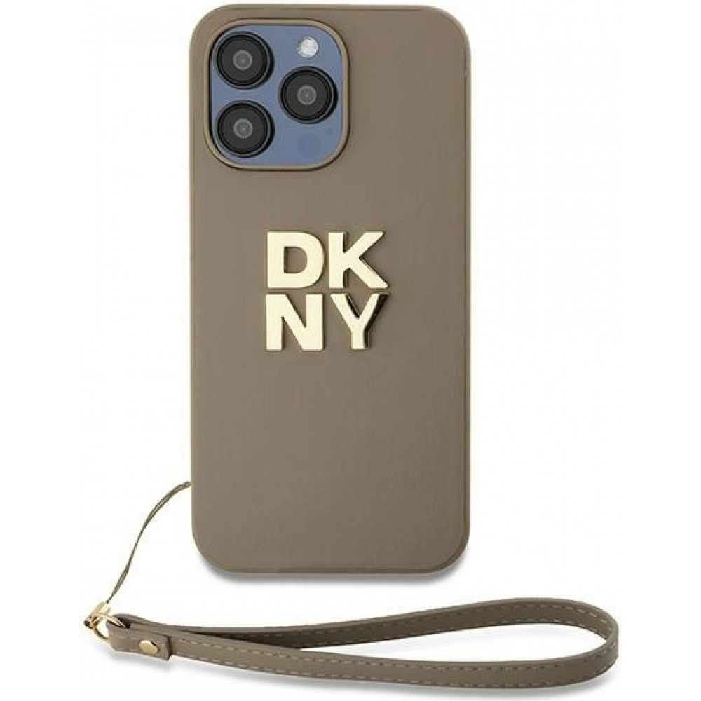 Coque iPhone 15 Pro Max - DKNY avec bracelet d&eacute;tachable et logo dor&eacute; - Beige