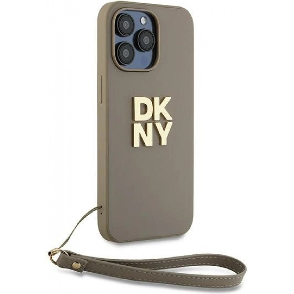 Coque iPhone 15 Pro Max - DKNY avec bracelet d&eacute;tachable et logo dor&eacute; - Beige