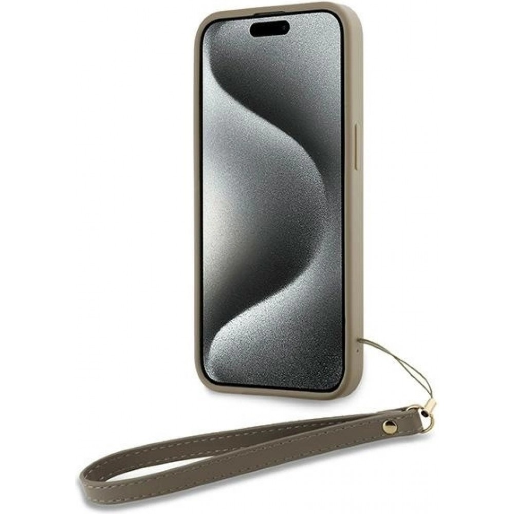 Coque iPhone 15 Pro Max - DKNY avec bracelet d&eacute;tachable et logo dor&eacute; - Beige