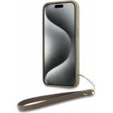 Coque iPhone 15 Pro Max - DKNY avec bracelet d&eacute;tachable et logo dor&eacute; - Beige