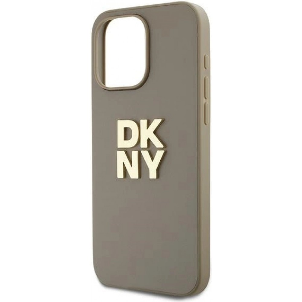 Coque iPhone 15 Pro Max - DKNY avec bracelet d&eacute;tachable et logo dor&eacute; - Beige