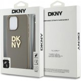 Coque iPhone 15 Pro Max - DKNY avec bracelet d&eacute;tachable et logo dor&eacute; - Beige