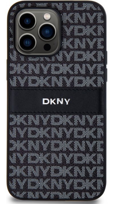 Coque iPhone 15 Pro Max - DKNY silicone similicuir monogramme logo métallique - Noir