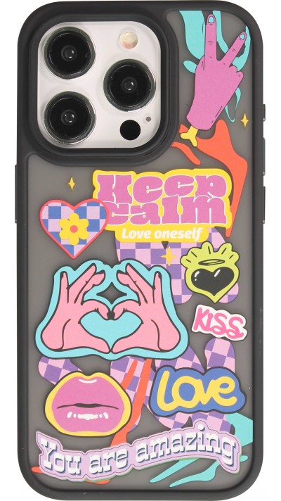 Coque iPhone 15 Pro Max - Gel blur stickers Keep Calm transparente - Noir