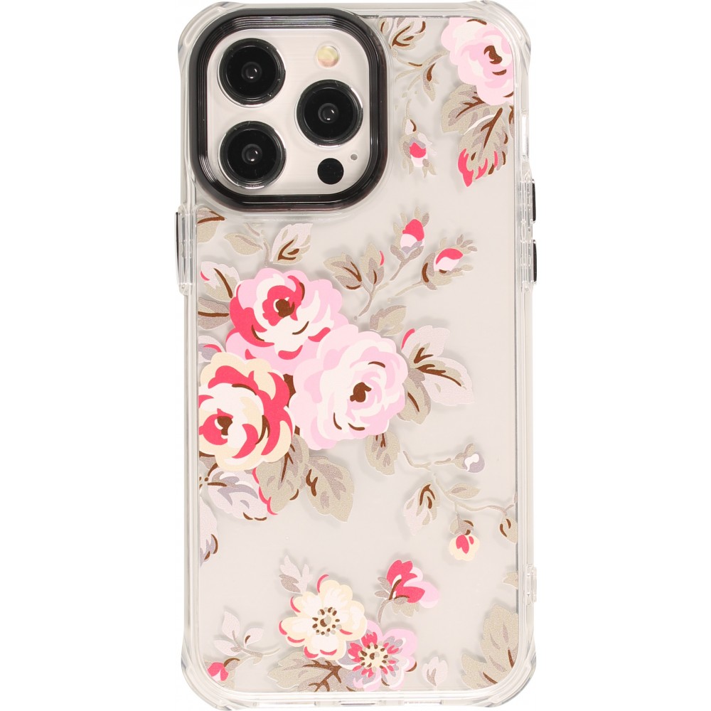 Coque iPhone 15 Pro Max - Gel silicone rigide avec coins renforcés rose florissante - Transparent