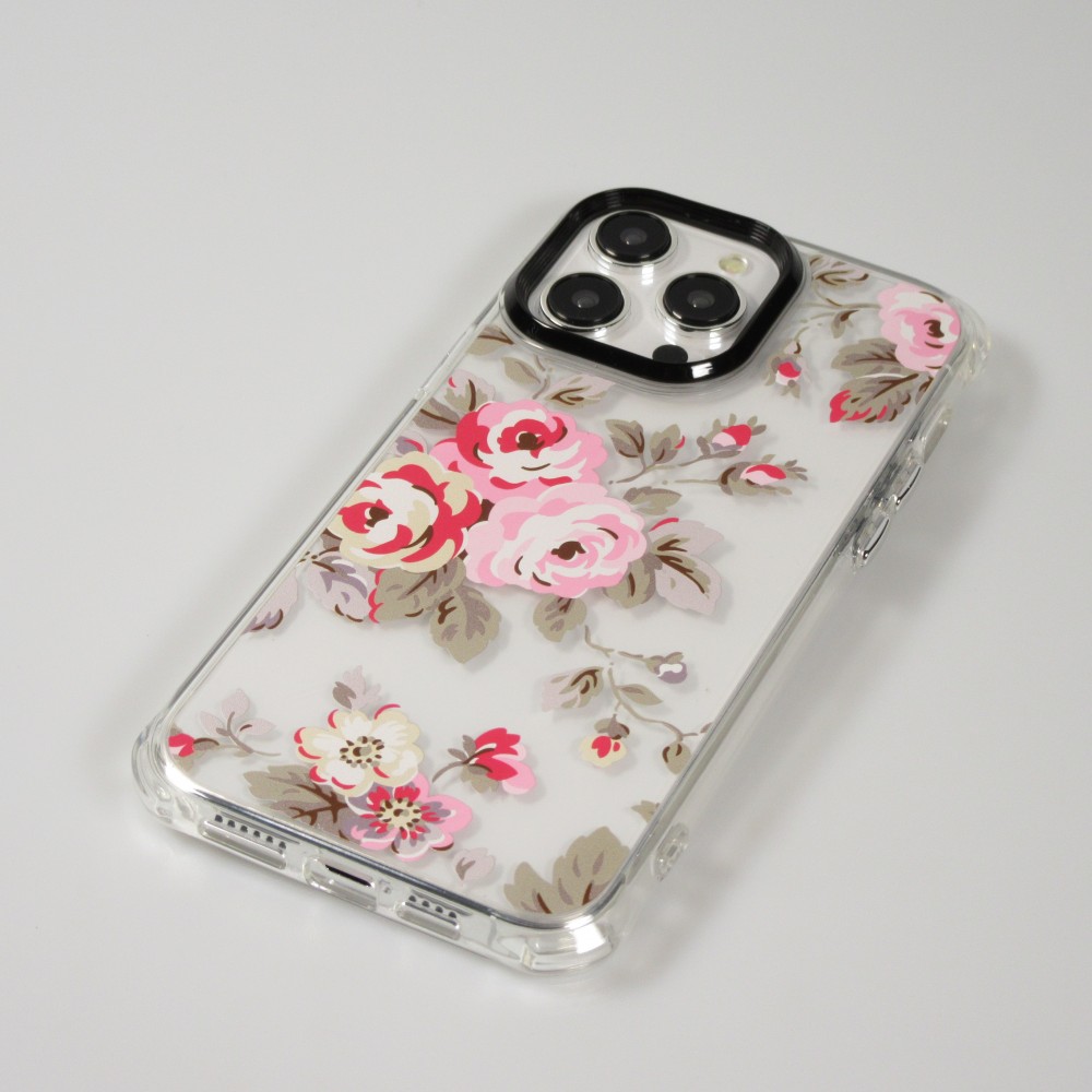 Coque iPhone 15 Pro Max - Gel silicone rigide avec coins renforcés rose florissante - Transparent