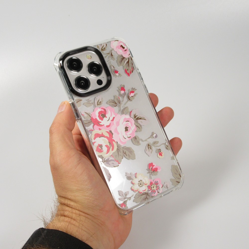 Coque iPhone 15 Pro Max - Gel silicone rigide avec coins renforcés rose florissante - Transparent