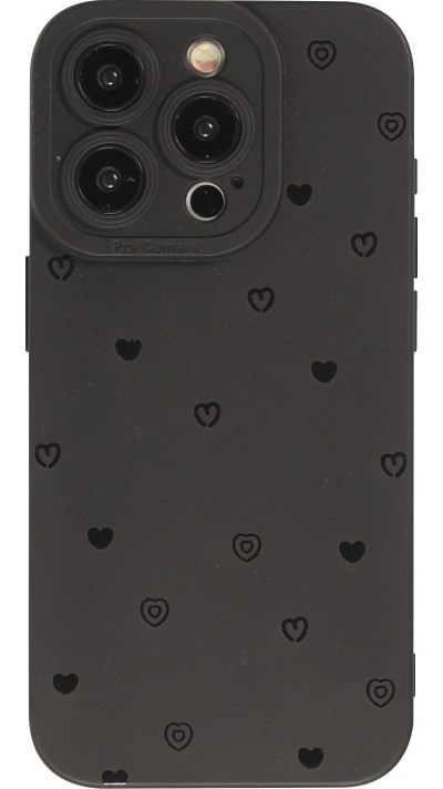 Coque iPhone 15 Pro Max - Gel silicone souple avec protection caméra - Many hearts - Noir