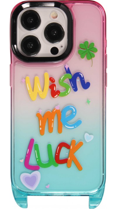 iPhone 15 Pro Max Case Hülle - Gummi transparent WISH ME LUCK mit Haken für Umhängeband (ohne Umhängeband) - Rosa/blau