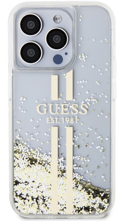 Coque iPhone 15 Pro Max - Guess gel rigide paillettes liquides or et argent avec logo doré - Transparent
