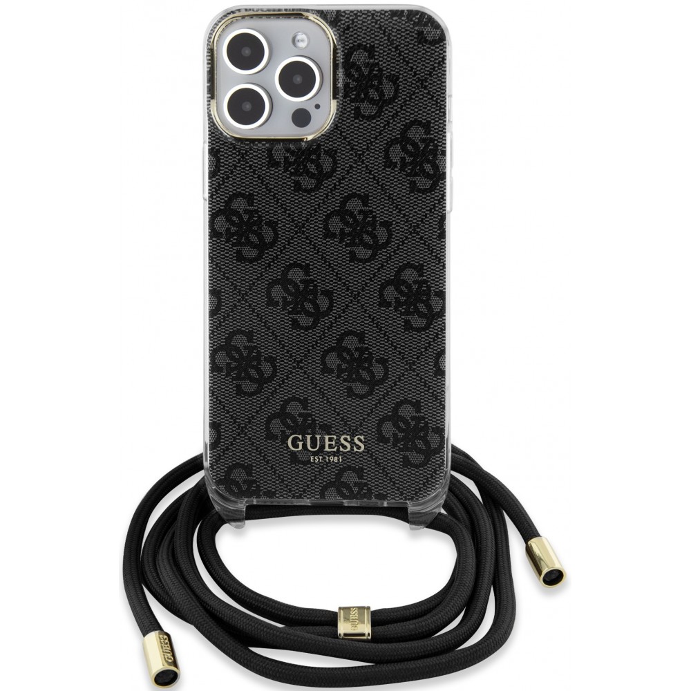 Coque iPhone 15 Pro Max - Guess monogramme laqué avec lanière ajustable intégrée - Gris