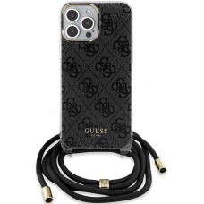Coque iPhone 15 Pro Max - Guess monogramme laqué avec lanière ajustable intégrée - Gris