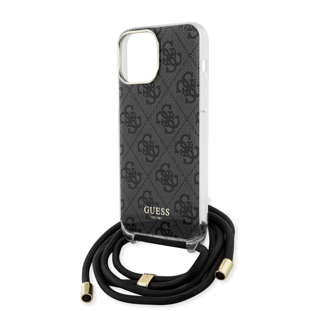 Coque iPhone 15 Pro Max - Guess monogramme laqué avec lanière ajustable intégrée - Gris