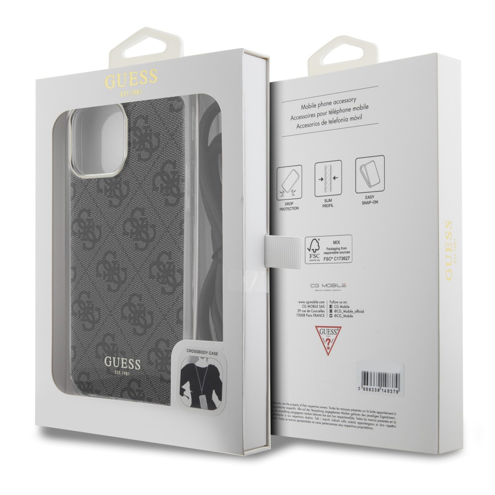 Coque iPhone 15 Pro Max - Guess monogramme laqué avec lanière ajustable intégrée - Gris