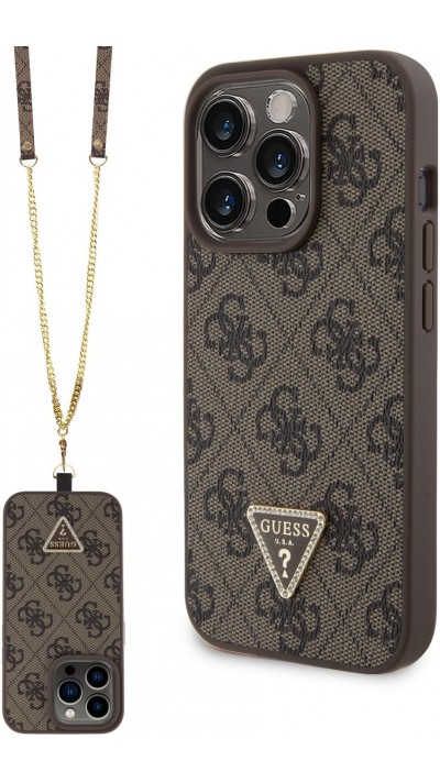 Coque iPhone 15 Pro - Guess monogramme similicuir logo métal et strass avec lanière amovible - Brun