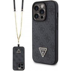 Coque iPhone 15 Pro Max - Guess monogramme similicuir logo métal et strass avec lanière amovible - Noir
