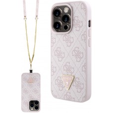 Coque iPhone 15 Pro - Guess monogramme similicuir logo métal et strass avec lanière amovible - Rose clair